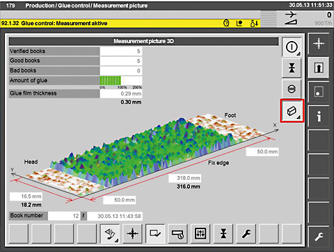 The glue thickness is displayed on screen using a clear graphic and the glue quantity can be fine-tuned manually