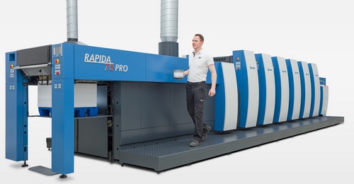 The new Rapida 75 PRO will be displayed live at drupa as a five-colour version with coater and LED-UV